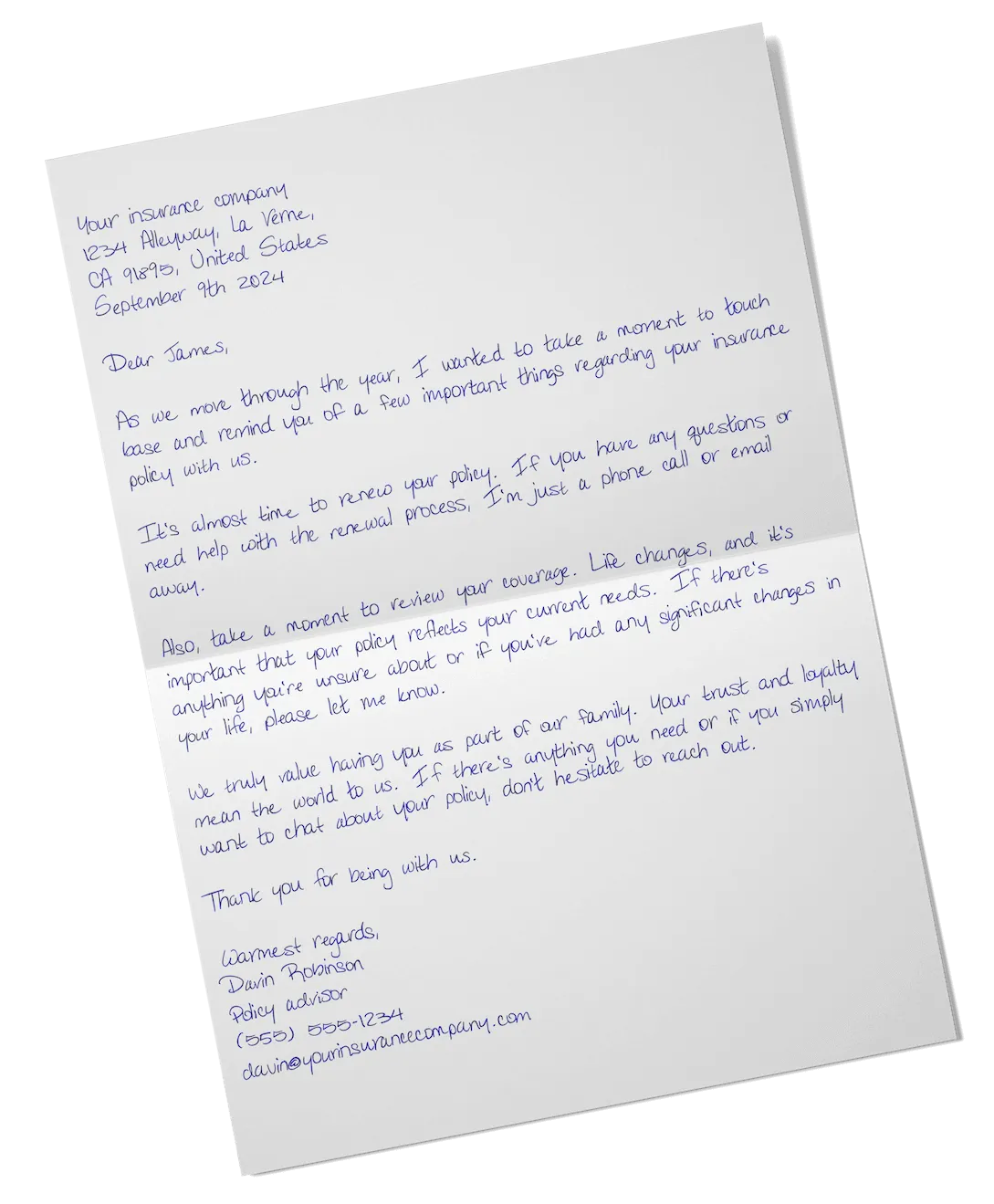 A handwritten financial services letter