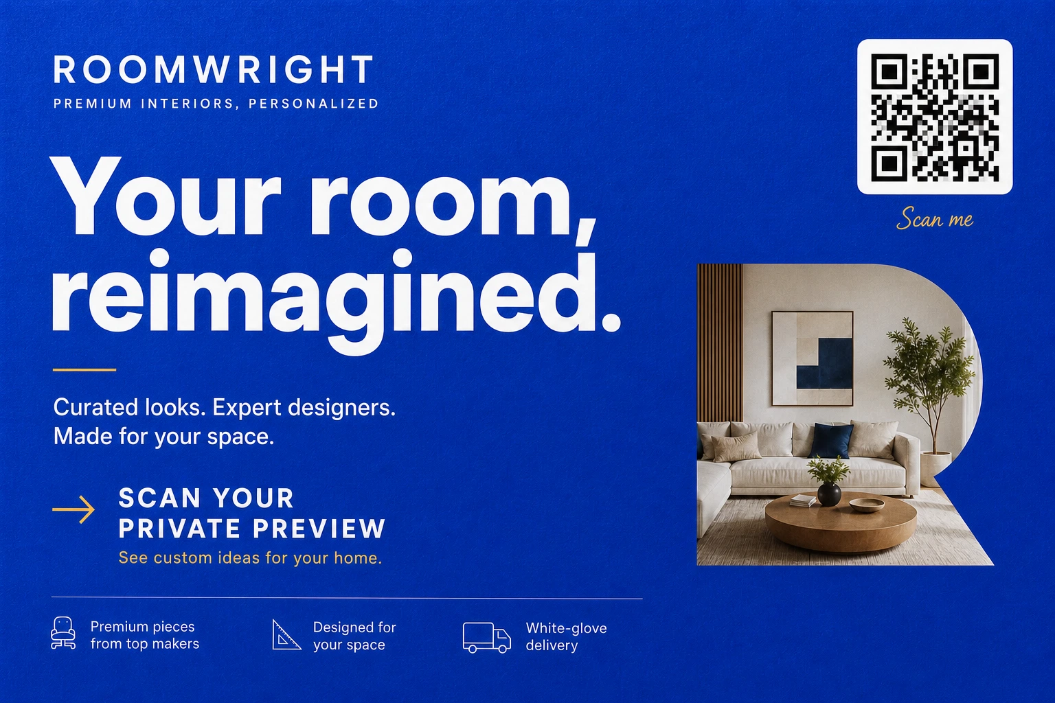 Bright blue Roomwright mailer with a QR preview call to action