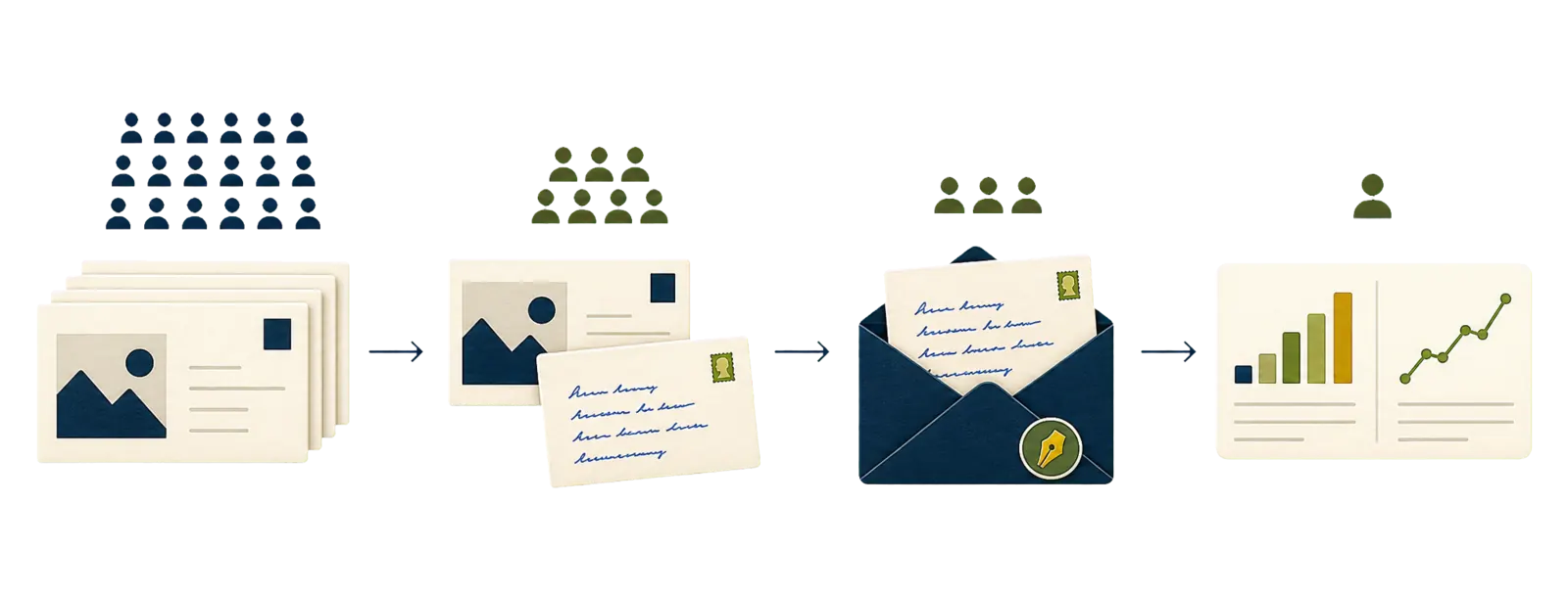Direct mail format selector showing printed reach, hybrid mail pieces, and handwritten high-value account mail