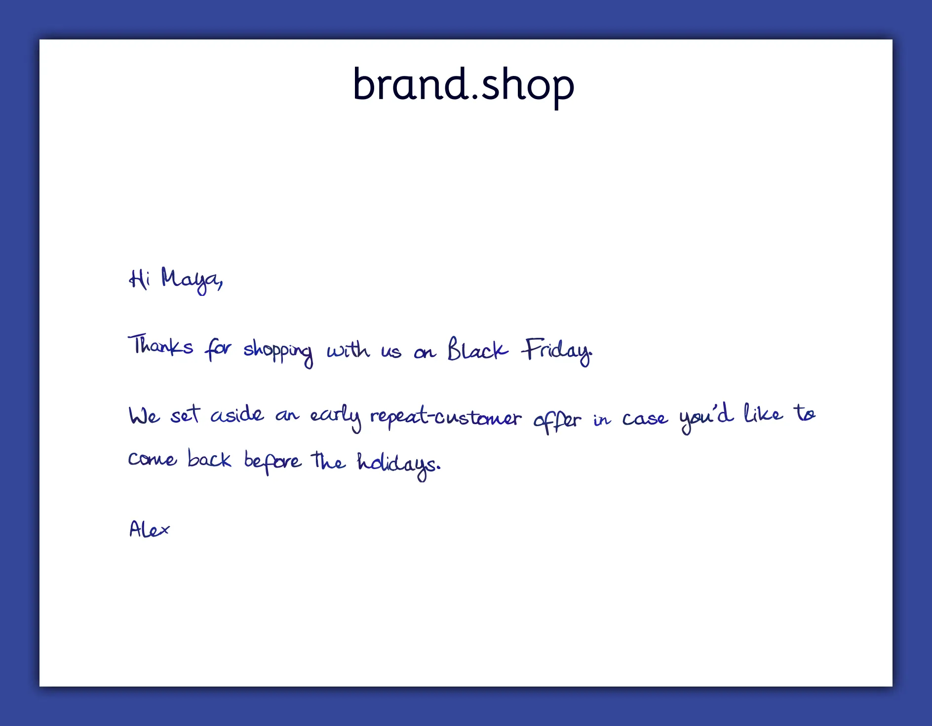 Black Friday repeat customer handwritten thank you note example
