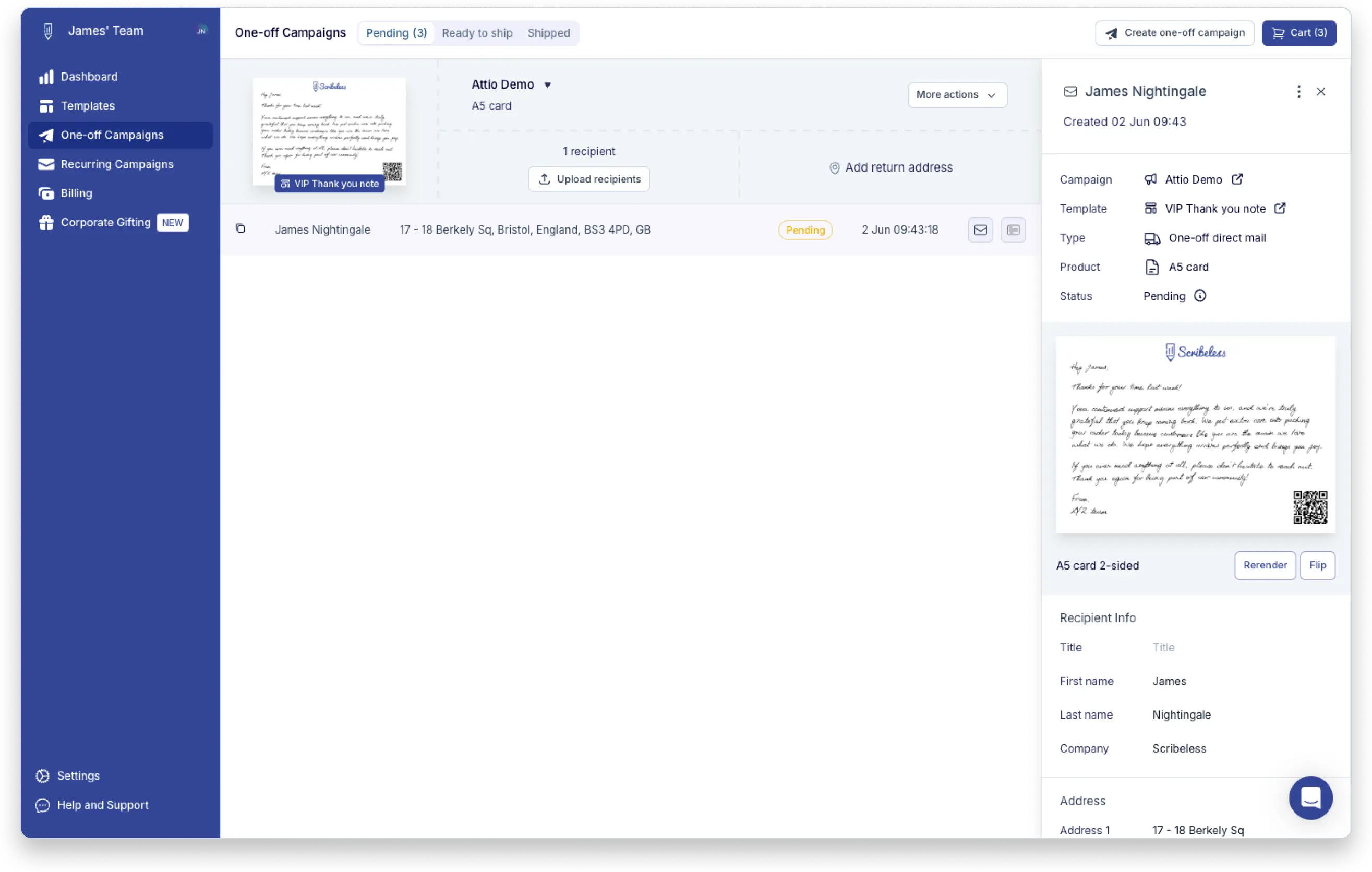 Scribeless one-off campaign showing a recipient created from Attio with pending status, campaign details, and rendered mailer preview