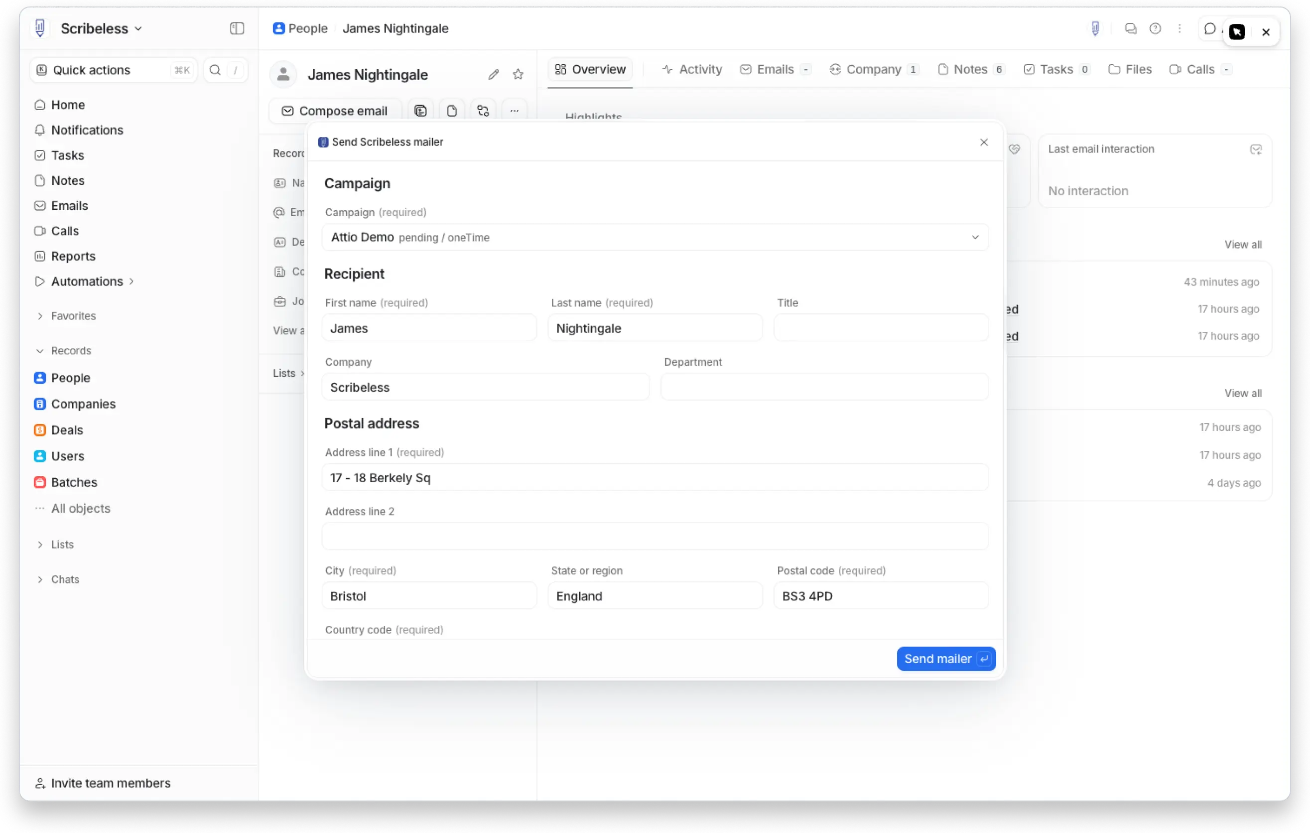 Send Scribeless mailer modal inside Attio showing campaign selection, recipient fields, postal address fields, and send controls