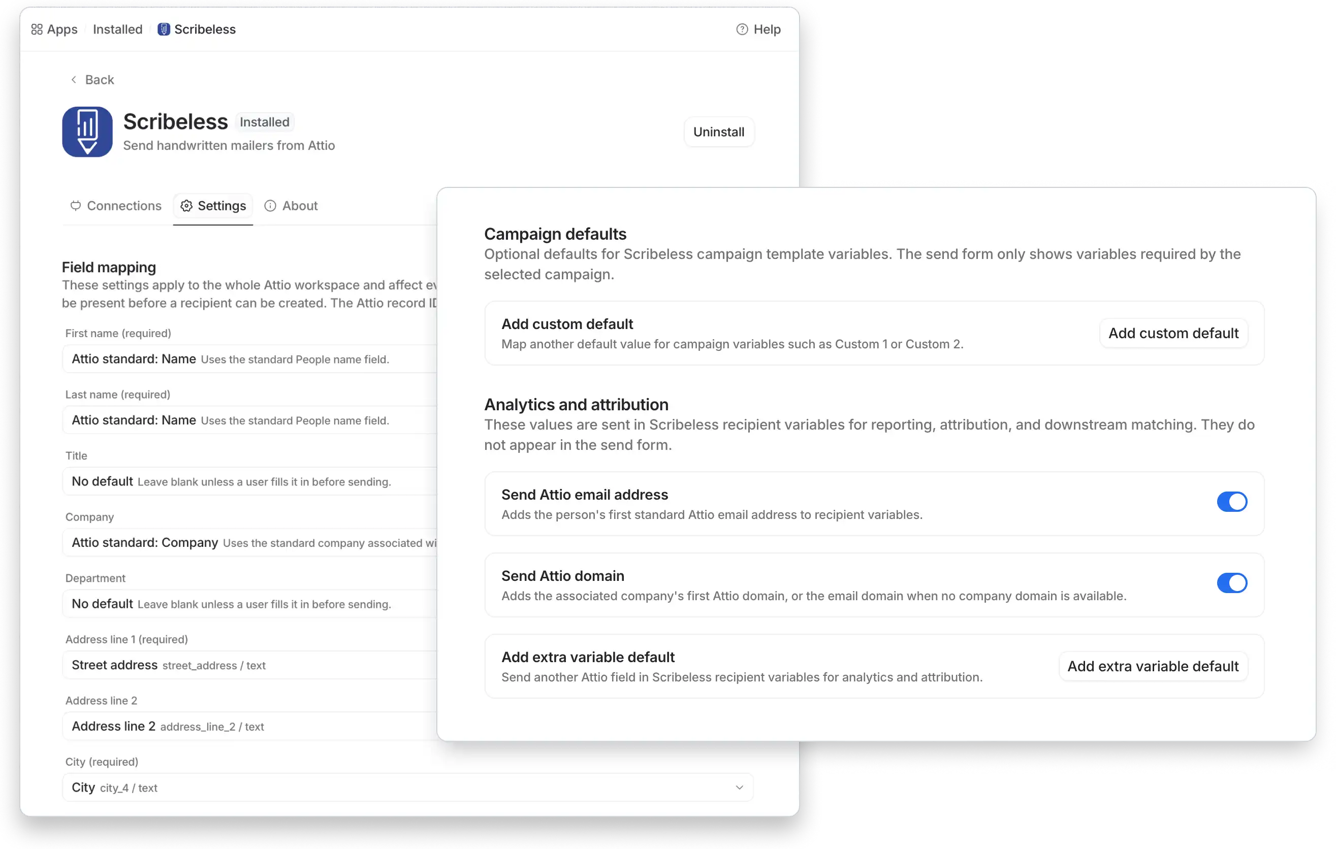 Scribeless app settings in Attio showing field mapping, campaign defaults, analytics attribution toggles, and extra variable defaults