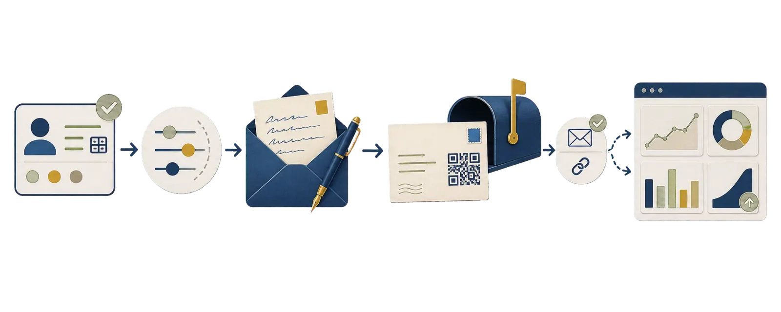 CRM-triggered direct mail workflow showing a CRM signal, eligibility rules, Scribeless mail creation, delivery, scan tracking, and CRM follow-up