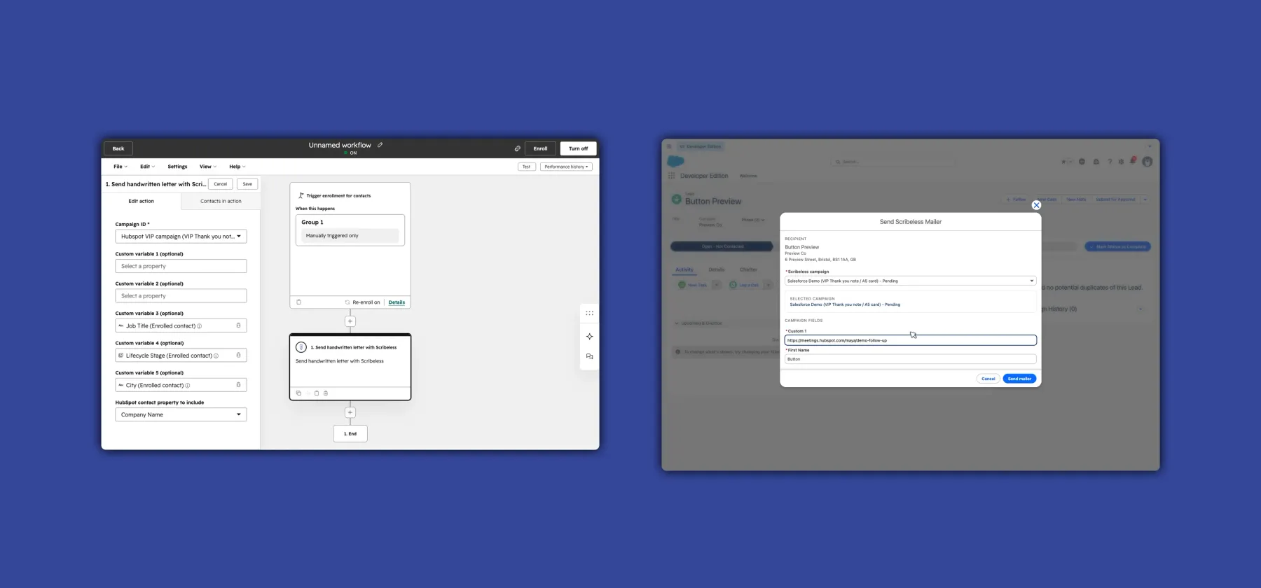 HubSpot workflow and Salesforce Flow screens used to trigger Scribeless direct mail from native CRM automation