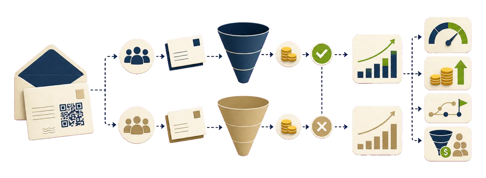 Direct mail ROI model showing mailed and holdout audiences flowing into cost, lift, revenue, CAC, and payback reporting