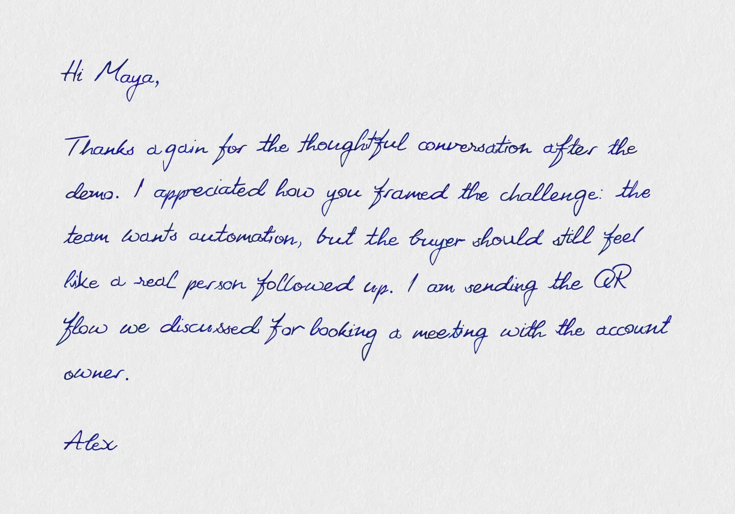 Scribeless handwritten mailer with a longer custom CRM message auto-resized inside the template