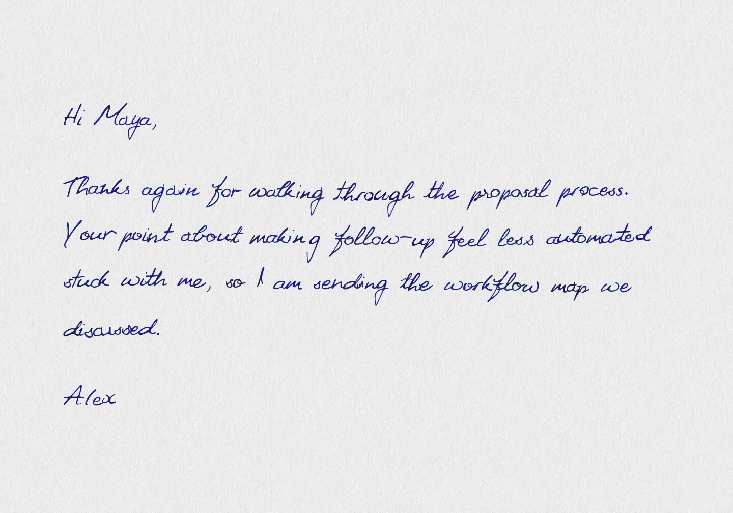 Scribeless handwritten mailer with a medium custom CRM message auto-resized inside the template
