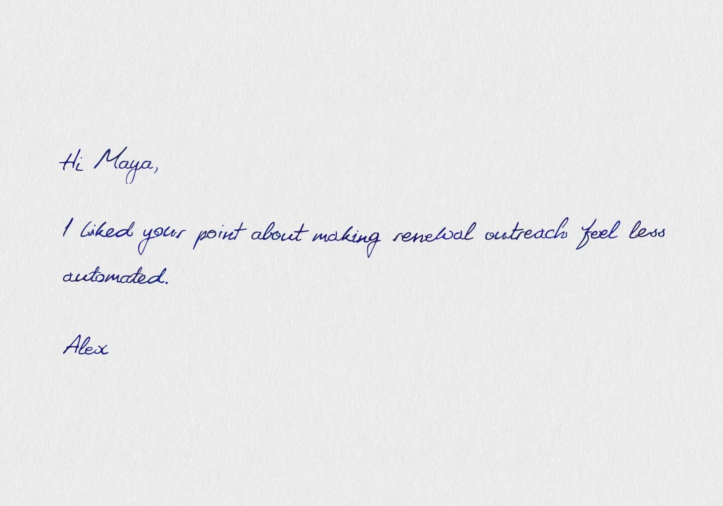 Scribeless handwritten mailer with a short custom CRM message auto-resized inside the template