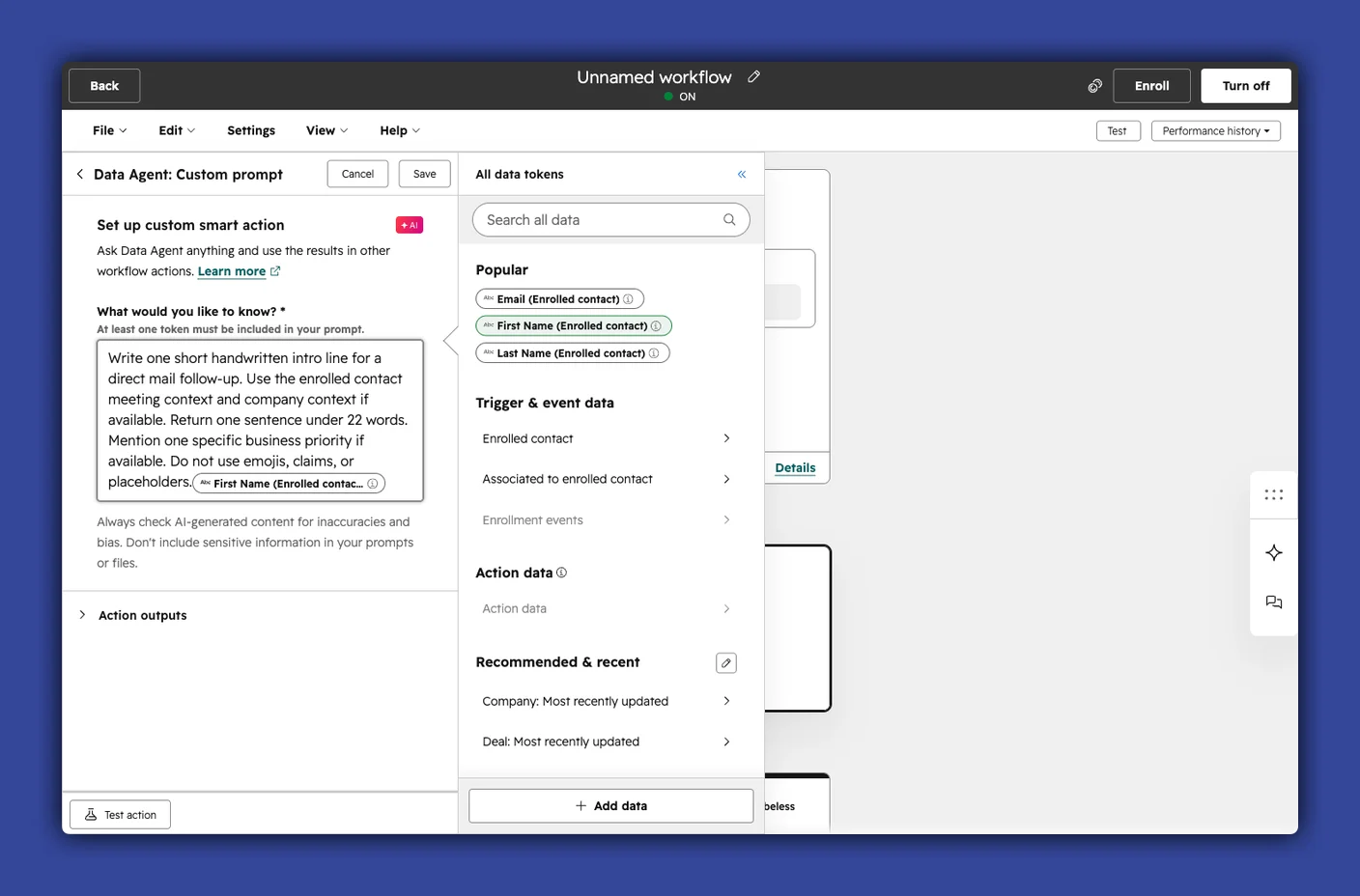 HubSpot workflow builder showing a Data Agent custom prompt for a handwritten direct mail intro line with HubSpot contact data tokens
