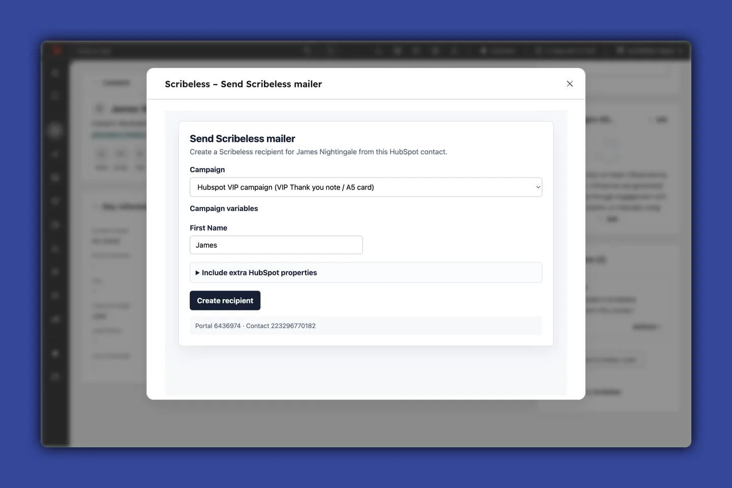 HubSpot contact record showing the Scribeless Send Scribeless mailer modal with campaign selection, campaign variables, and extra HubSpot properties