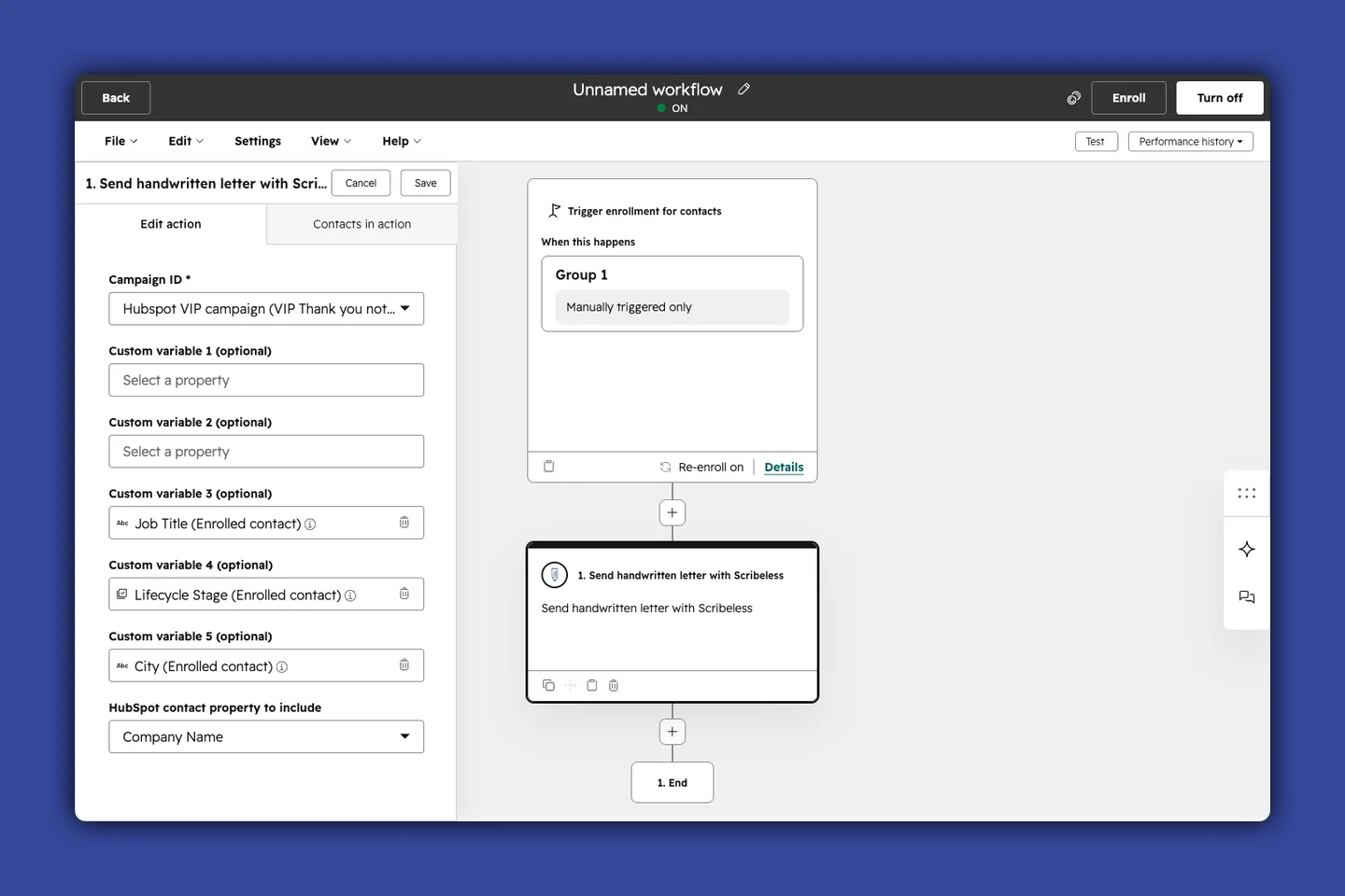 HubSpot workflow action panel showing the Scribeless action, campaign selection, custom variables, and selected contact properties