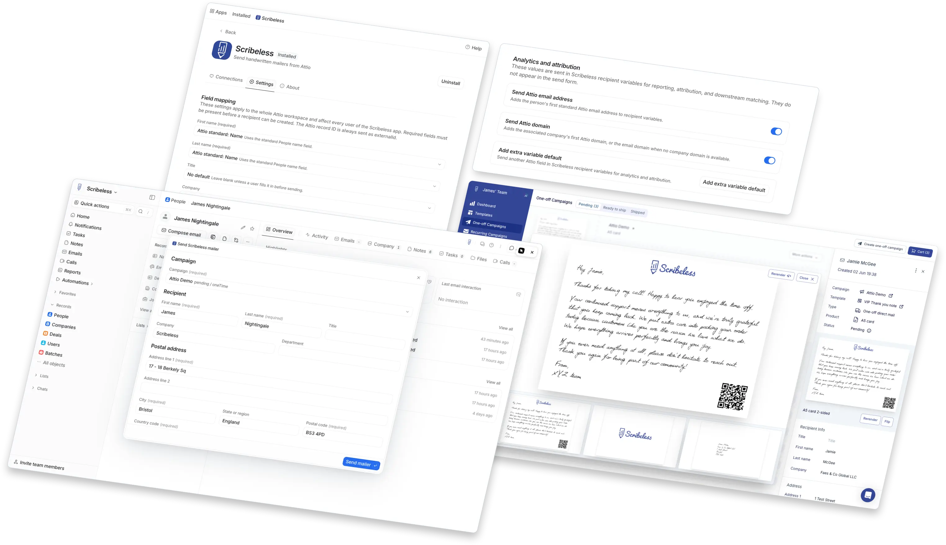 Attio app settings, Send Scribeless mailer modal, and Scribeless recipient preview screens