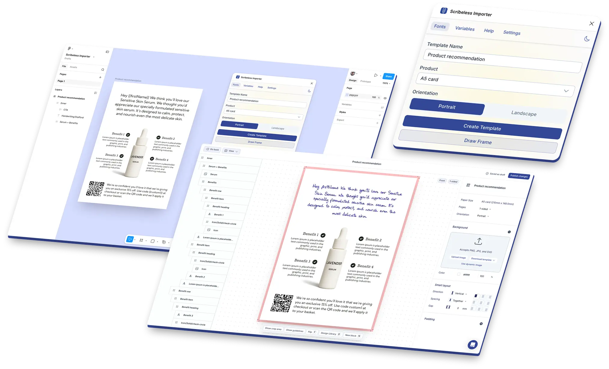 Figma design and Scribeless template editor mockups showing the Scribeless Importer workflow