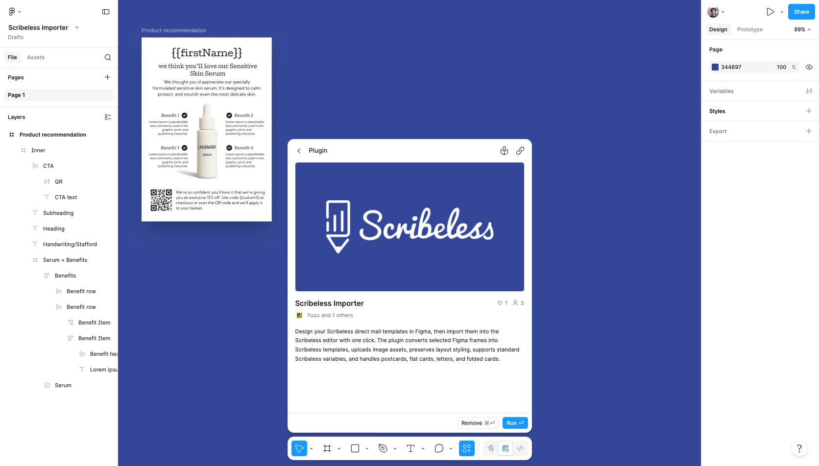 Figma Community plugin panel showing the Scribeless Importer