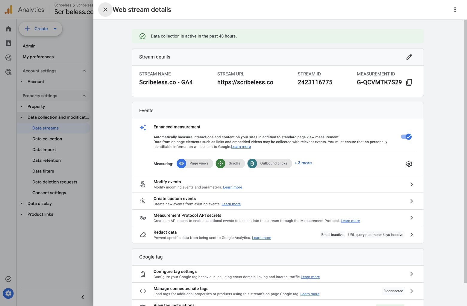 Google Analytics web stream settings showing the Measurement ID and Measurement Protocol API secrets option