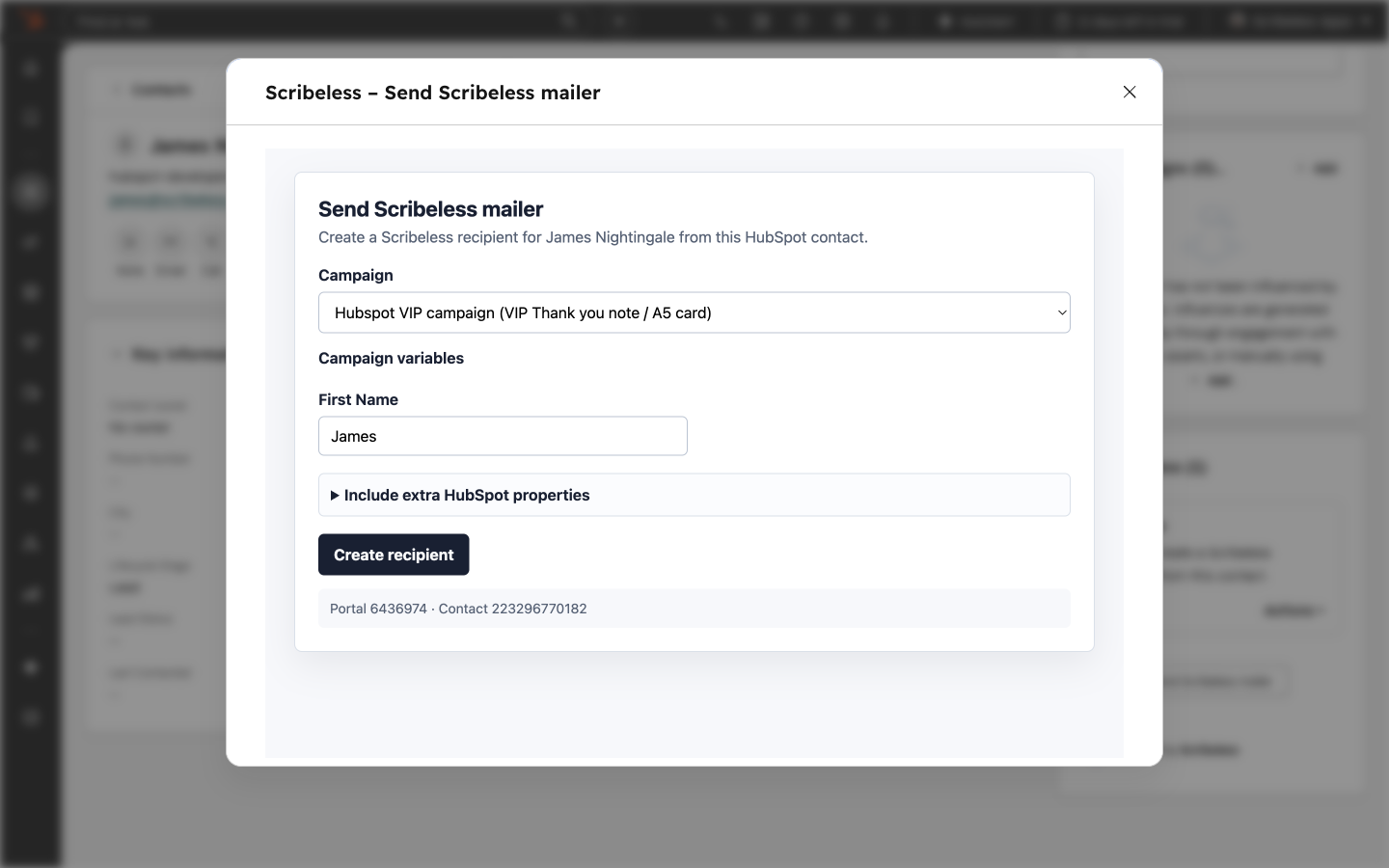 HubSpot contact record showing the Scribeless send modal with campaign variables