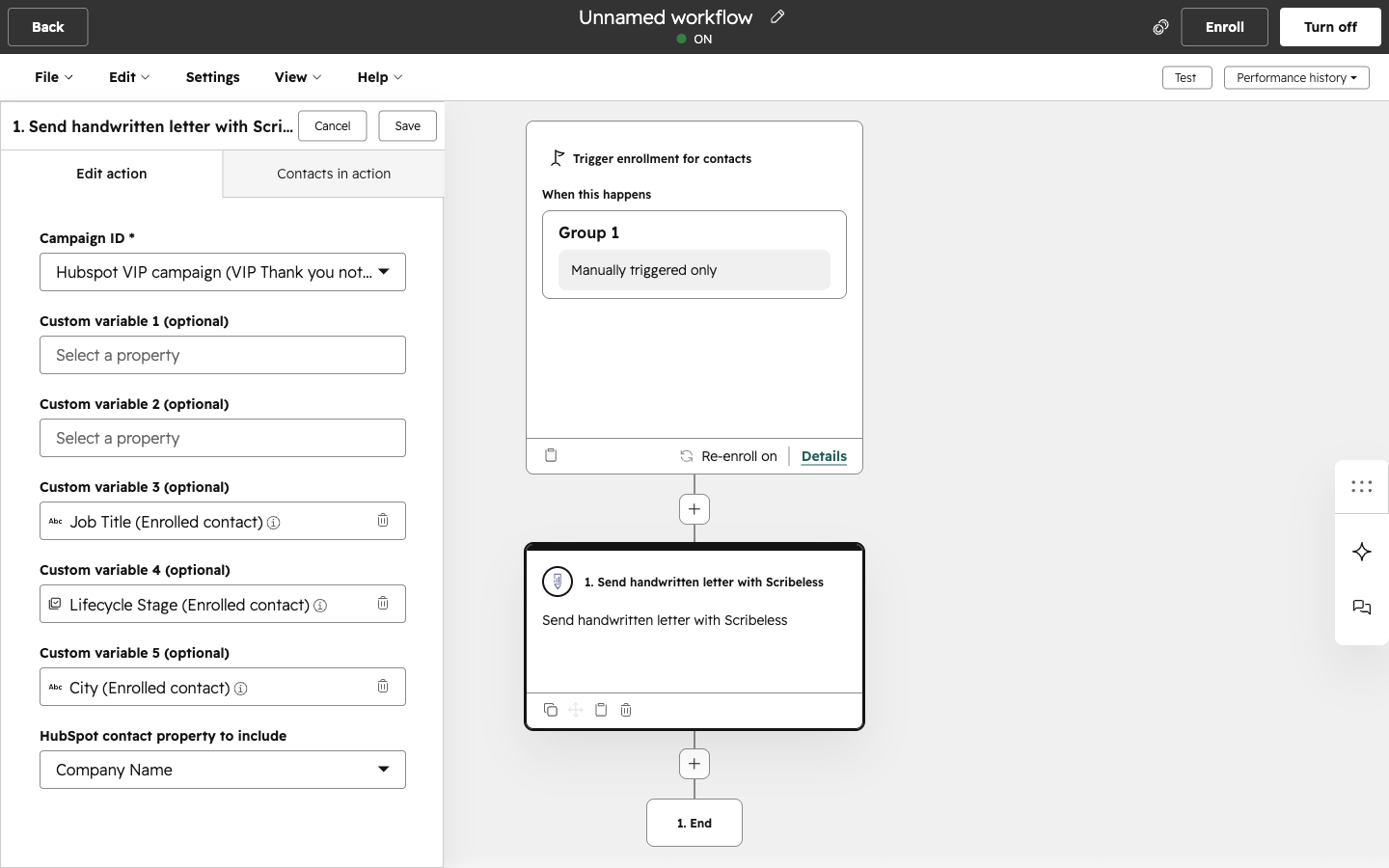 HubSpot workflow action panel for adding a contact to a Scribeless direct mail campaign