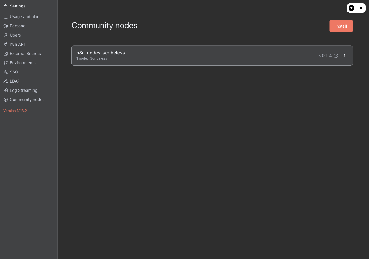 n8n community node install screen showing the Scribeless package installed