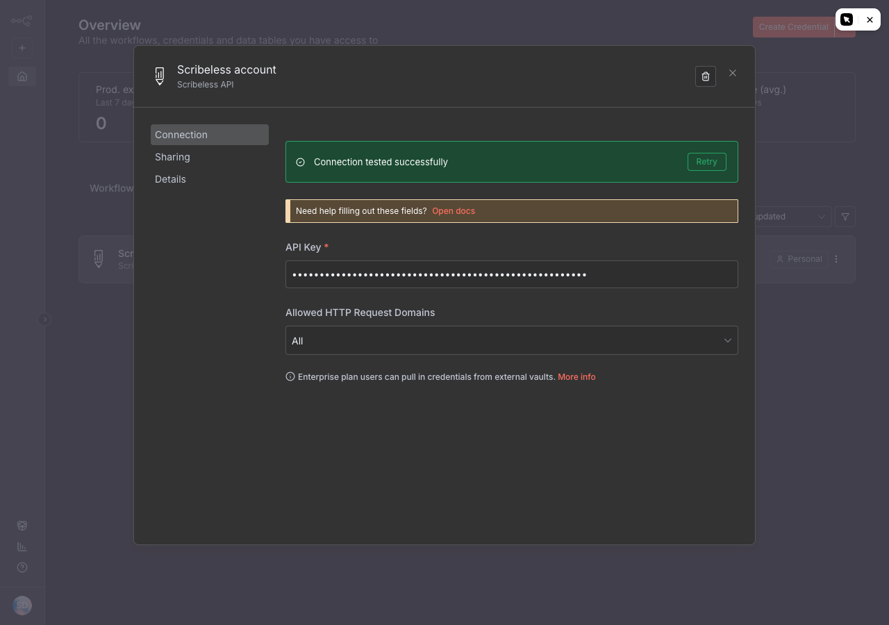 n8n credential form for Scribeless API access