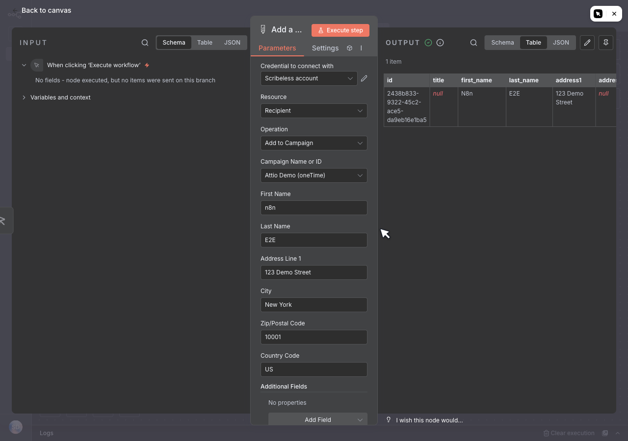 n8n execution output showing a successful Scribeless recipient creation