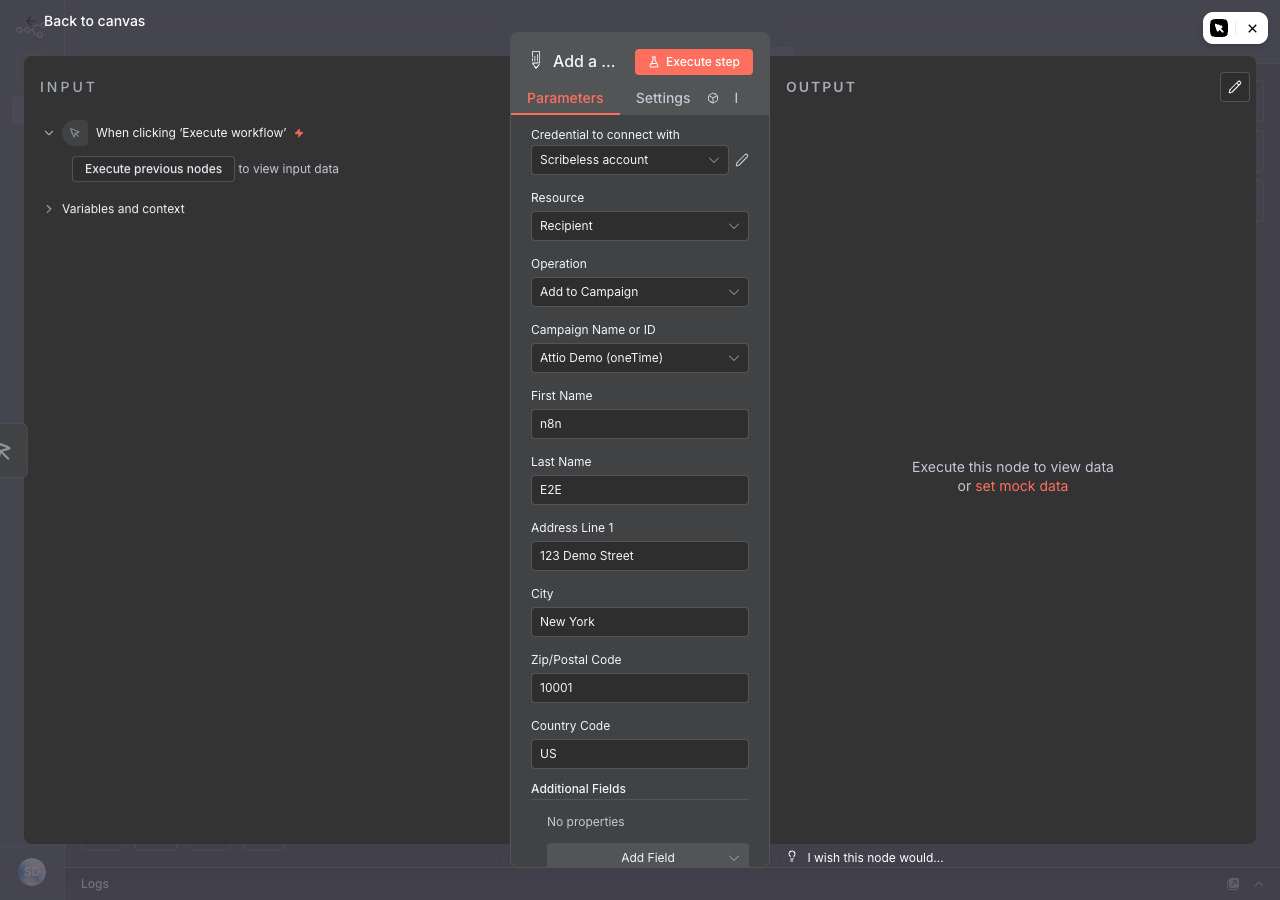 n8n Scribeless node configuration showing mapped recipient fields