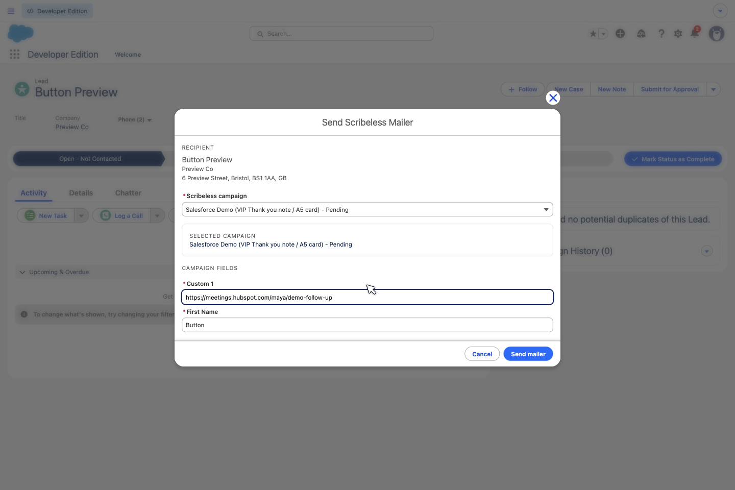 Salesforce modal showing a Scribeless campaign dropdown and template fields