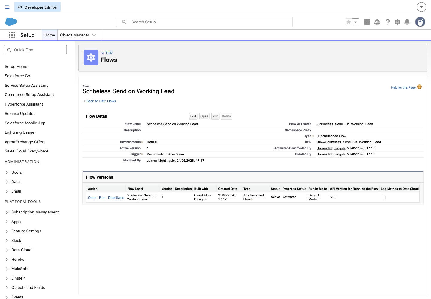 Salesforce Flow detail page for a Scribeless direct mail automation