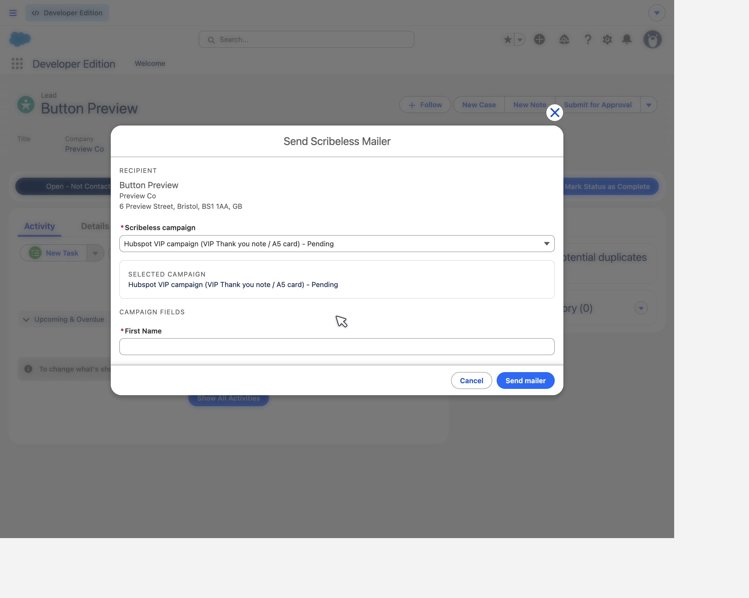 Salesforce Send Scribeless Mailer modal with campaign fields