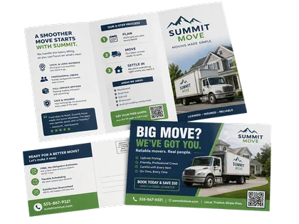 Direct mail postcard and folded mailer mockups