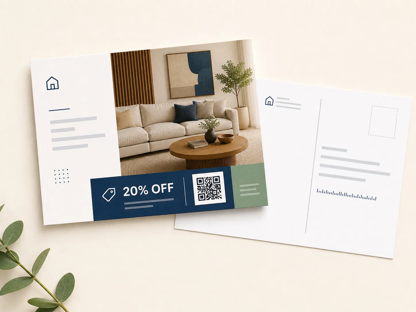 Personalized direct mail postcard with offer block and QR code
