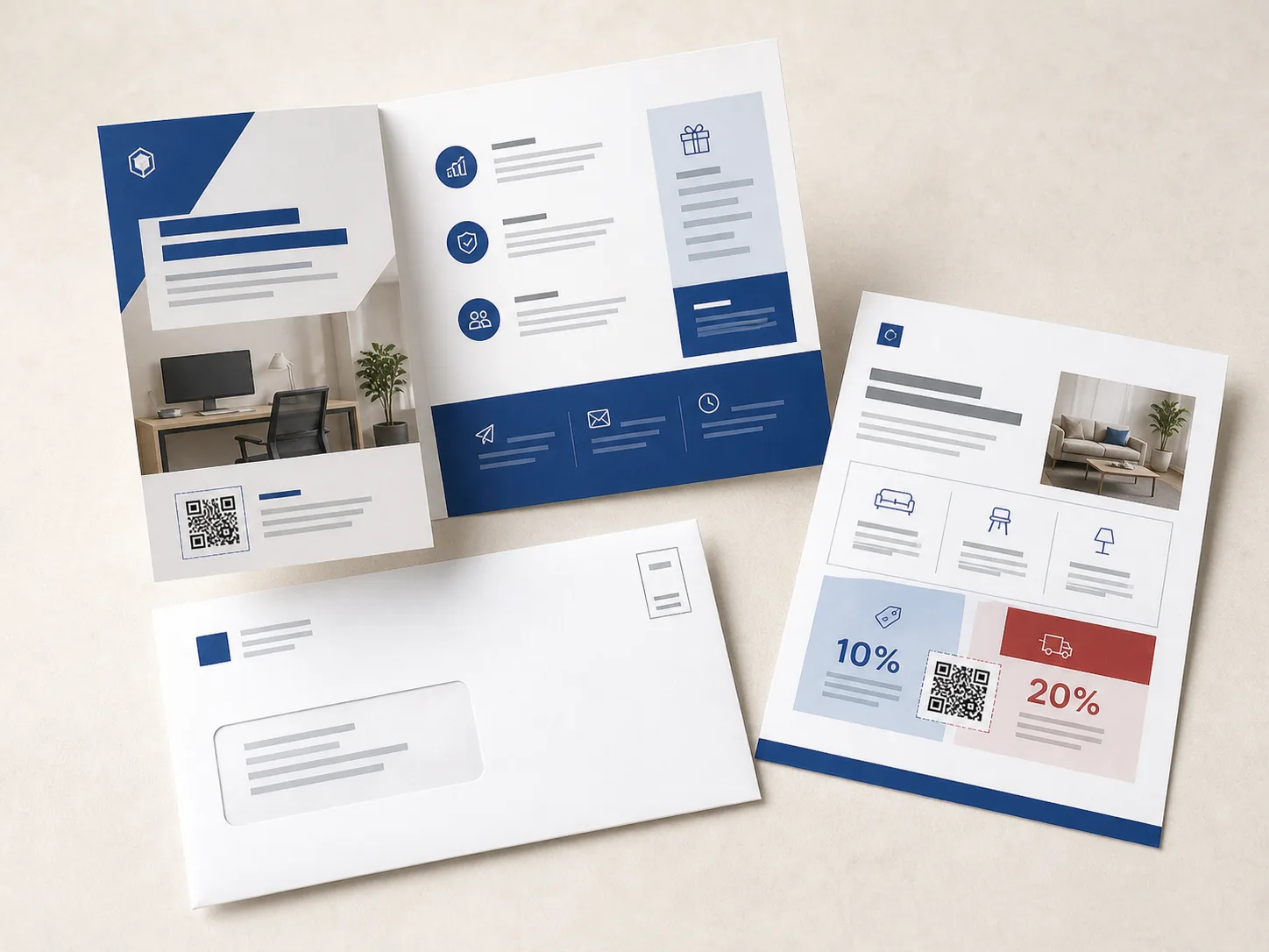 Printed direct mail piece with envelope and QR code