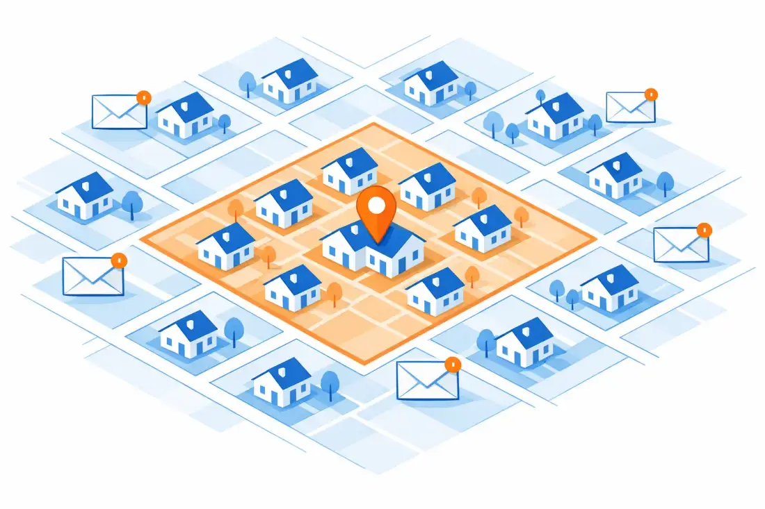 Real estate seller lead generation illustration showing sphere of influence, local community, and direct mail outreach