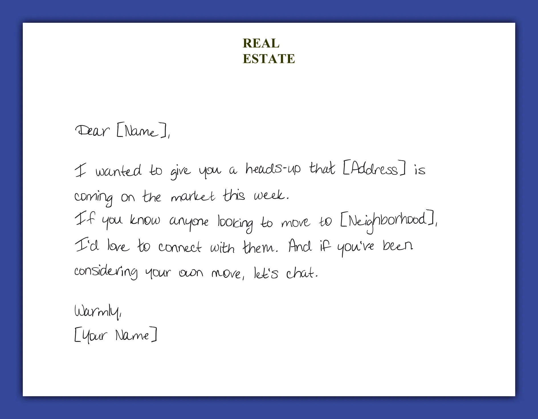Just listed handwritten greeting card example for real estate agents