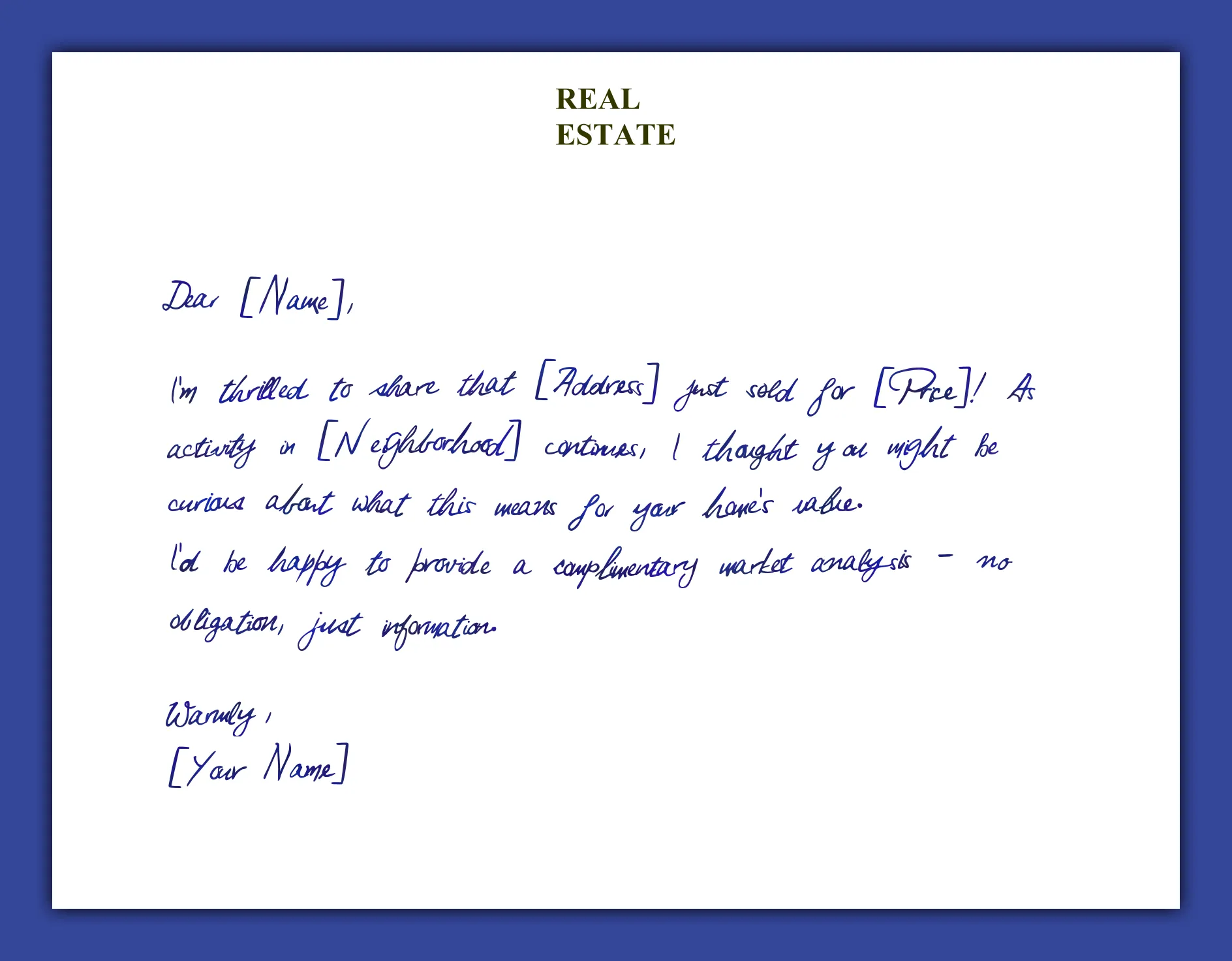 Just sold handwritten greeting card example for real estate agents