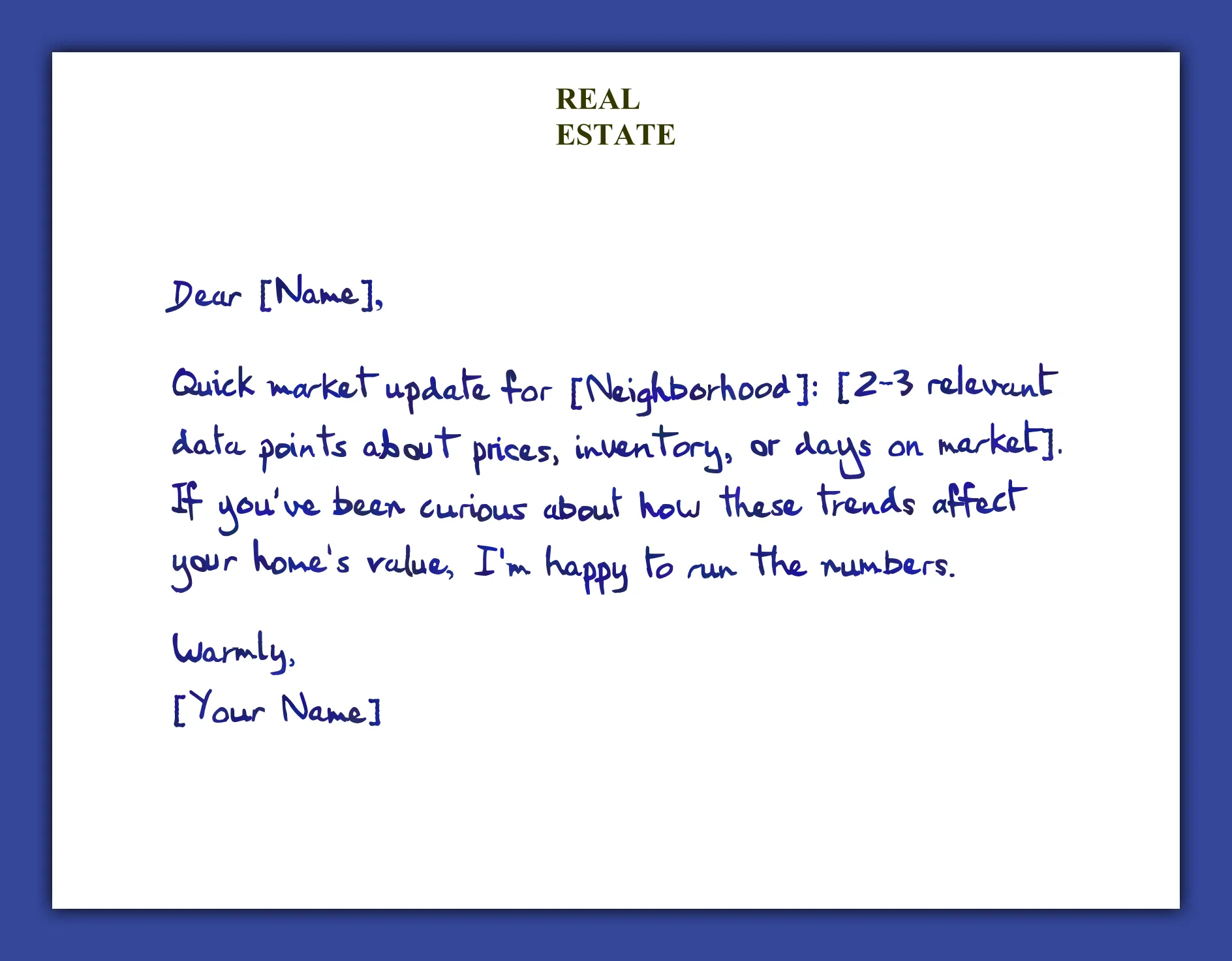 Neighborhood market update handwritten greeting card example for real estate agents