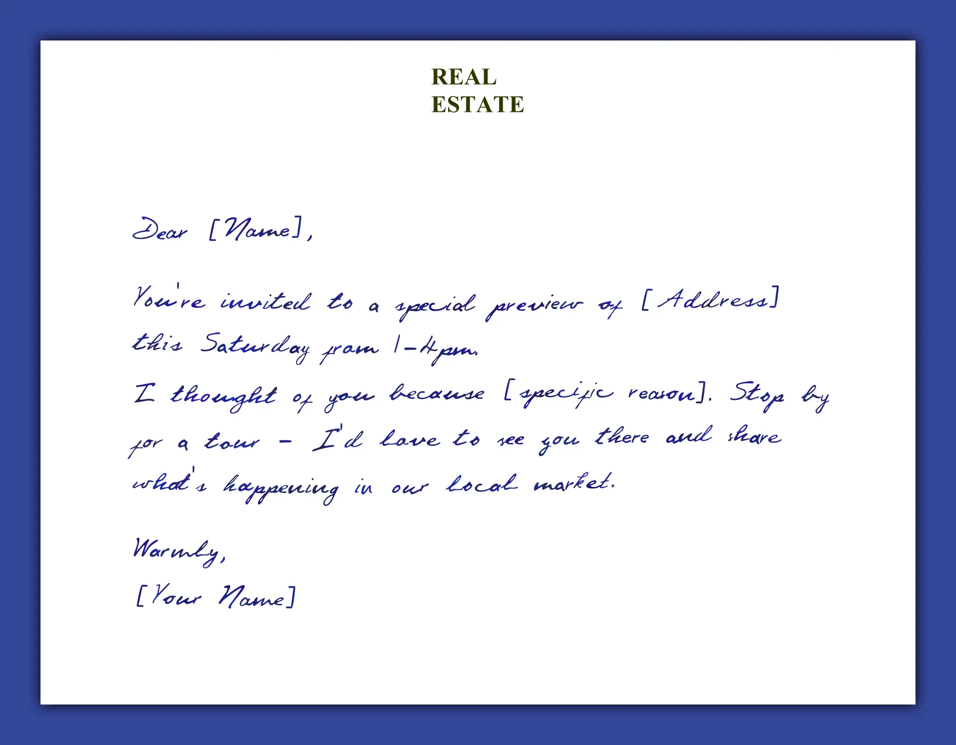 Open house invitation handwritten greeting card example for real estate agents