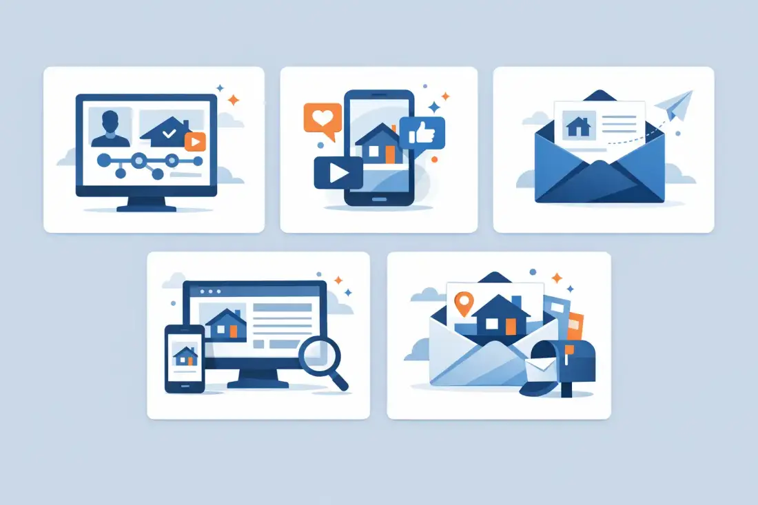 Real estate marketing agency services illustration showing ads, social media, SEO, and direct mail working together