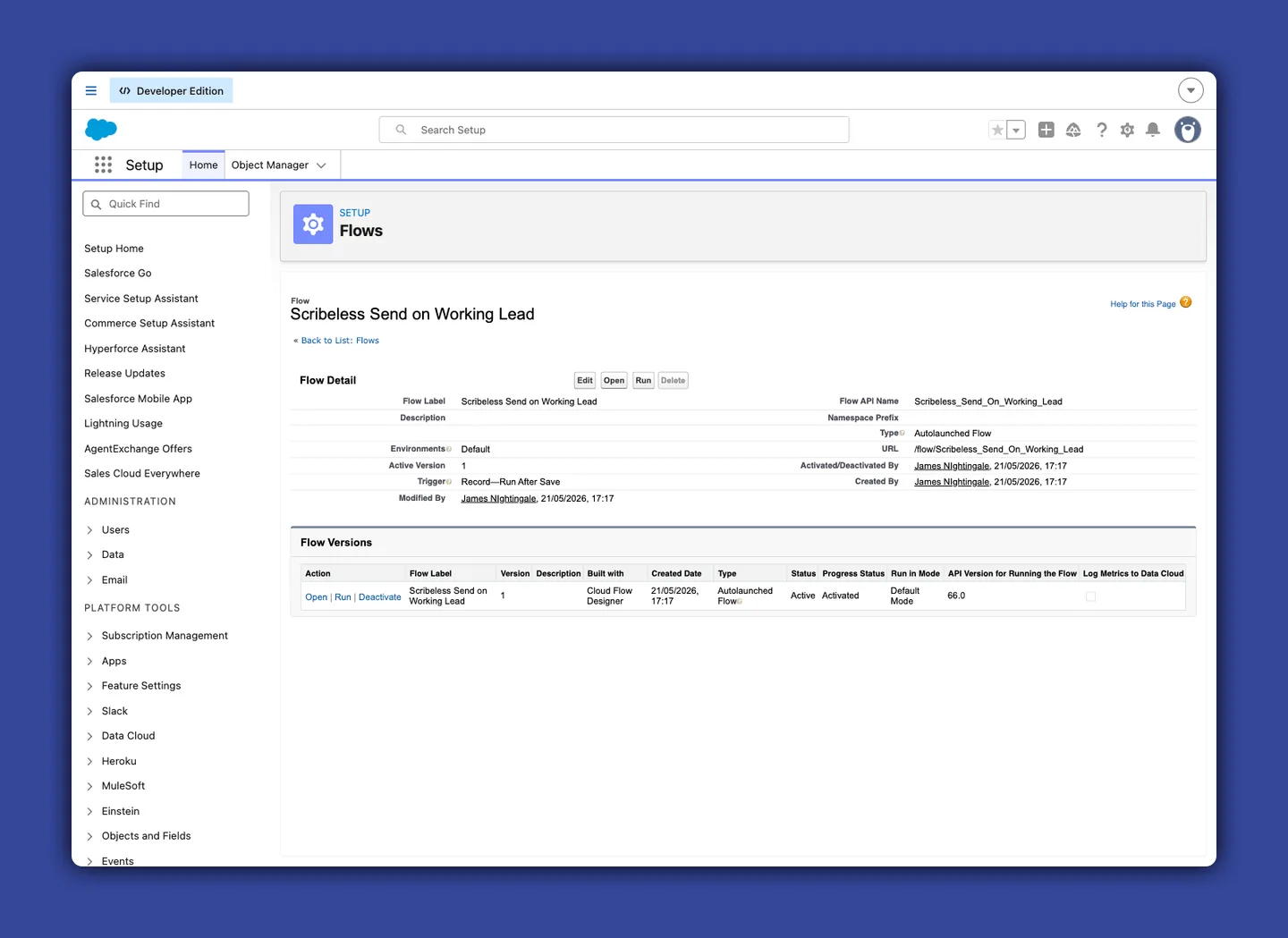 Salesforce Flow detail page for a Scribeless Lead automation that sends mail when a Lead reaches Working - Contacted