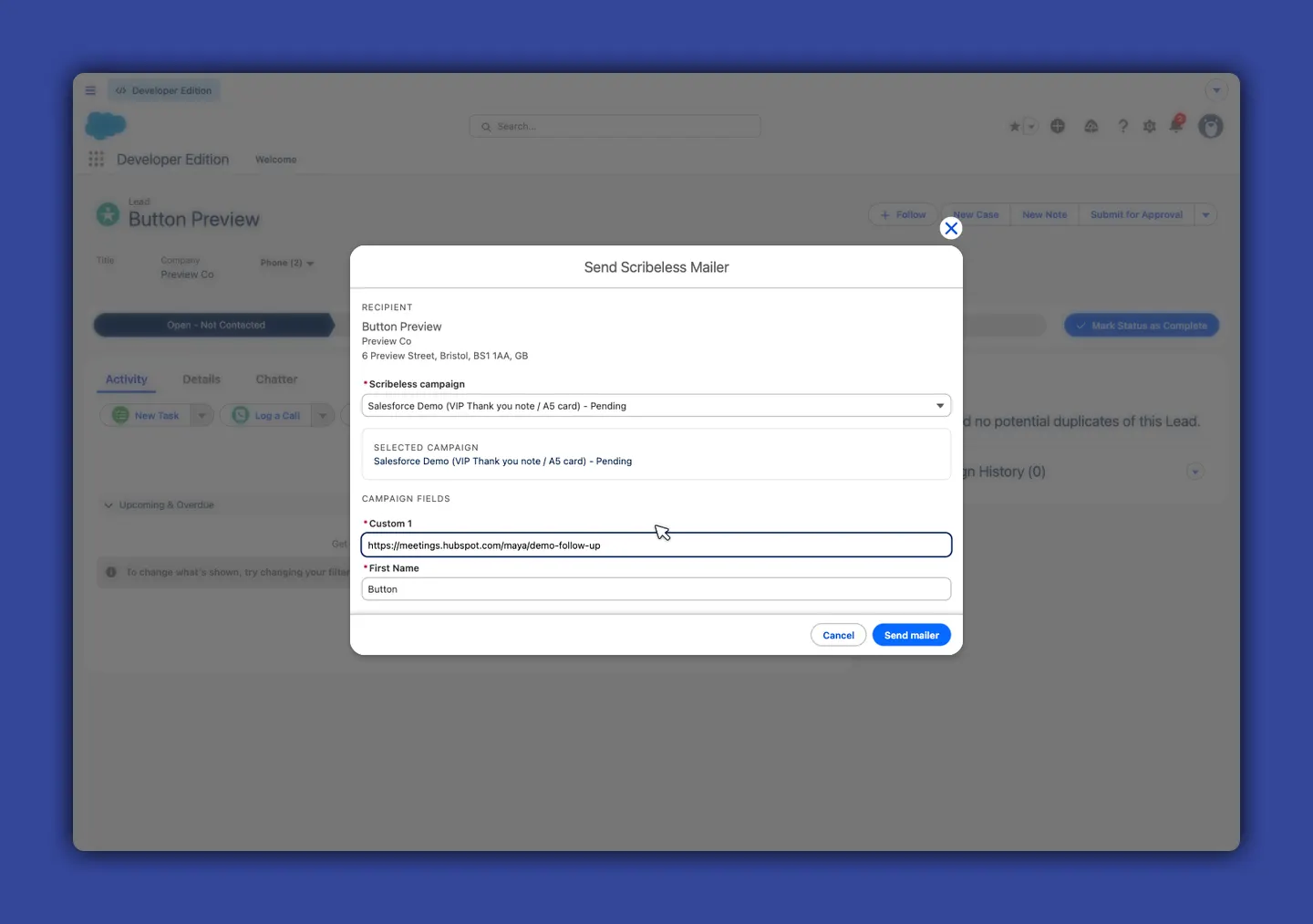 Salesforce Send Scribeless Mailer modal showing campaign-specific Scribeless template fields for a manual Lead or Contact send