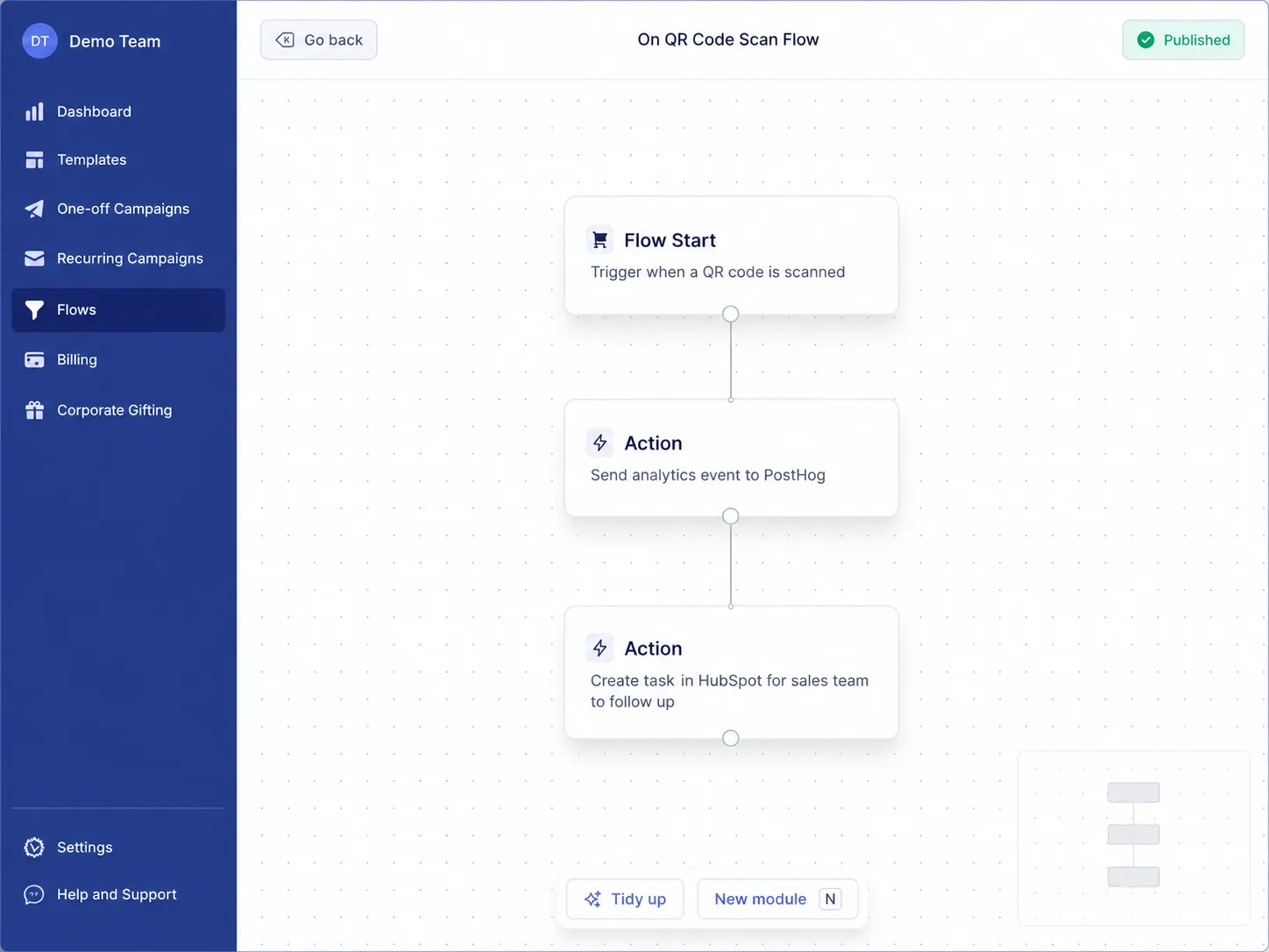 Scribeless flow builder showing automatic CRM and analytics actions triggered by a QR code scan