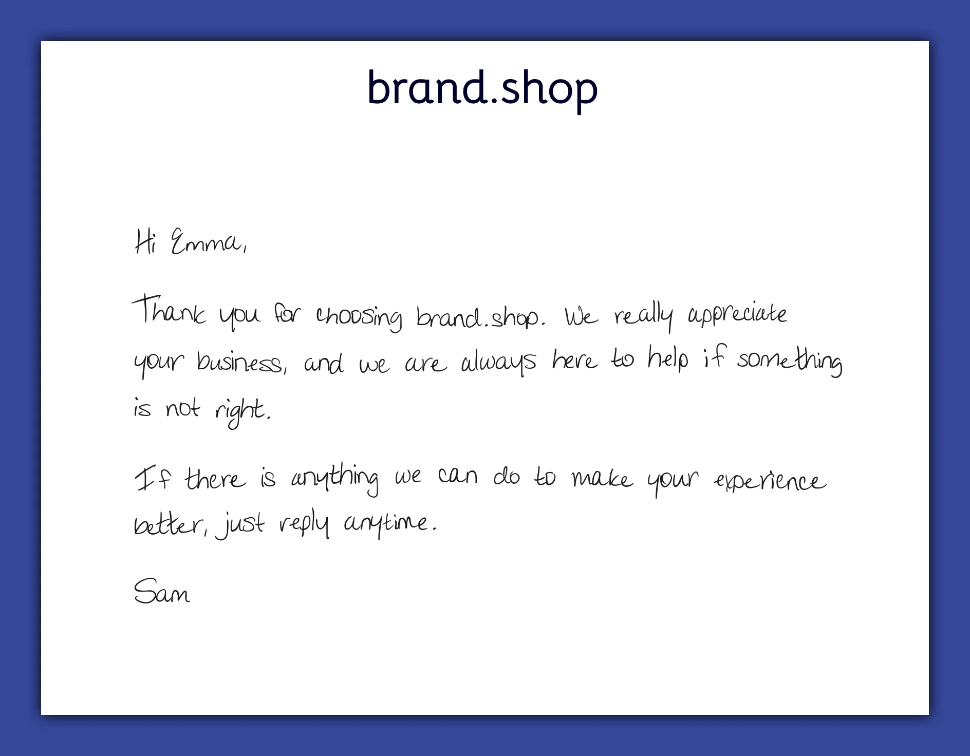 Customer thank-you handwritten note example for an eCommerce brand