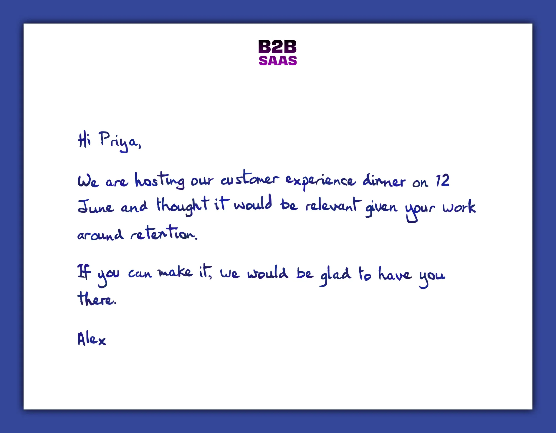 Event invitation handwritten note example for a B2B campaign