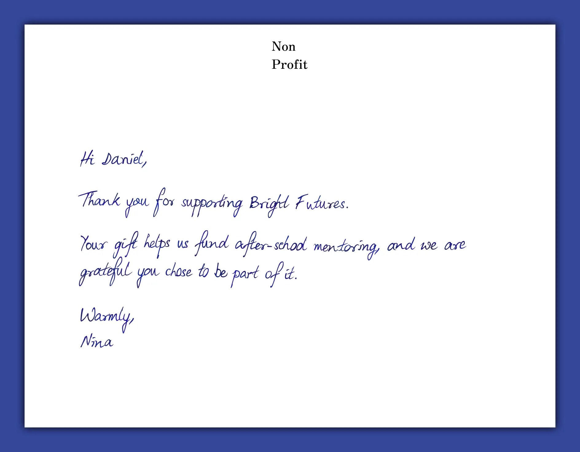 Fundraising donor thank-you handwritten note example with nonprofit logo