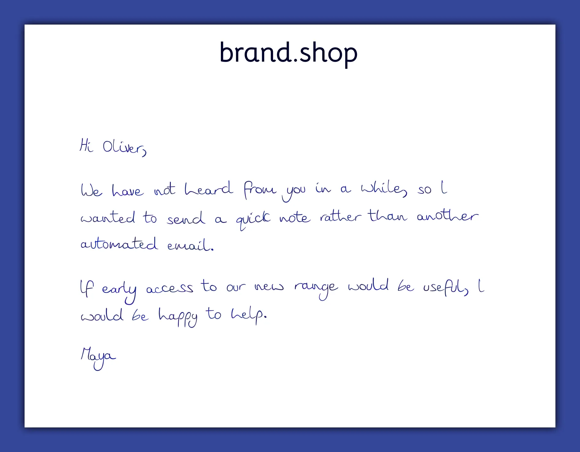 Customer win-back handwritten note example for an eCommerce campaign