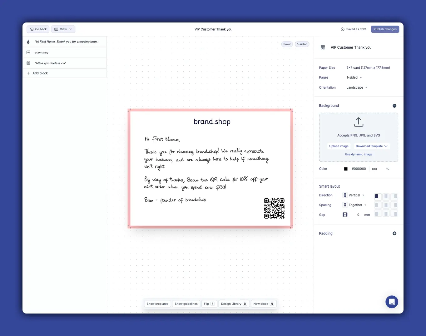 Scribeless template editor showing an eCommerce thank-you note with a first-name variable and QR-code offer