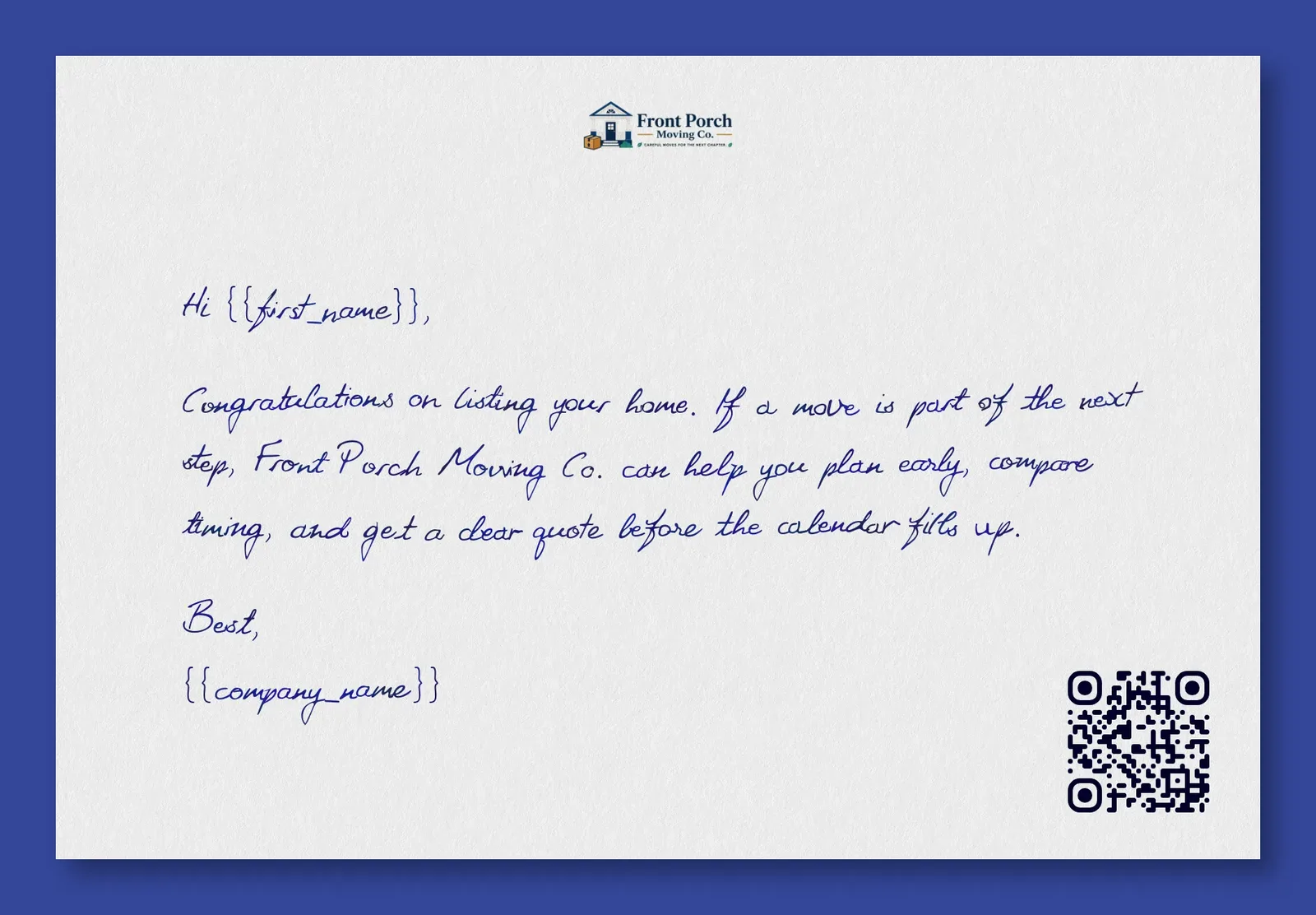 Moving company new listing move estimate handwritten-style note mockup