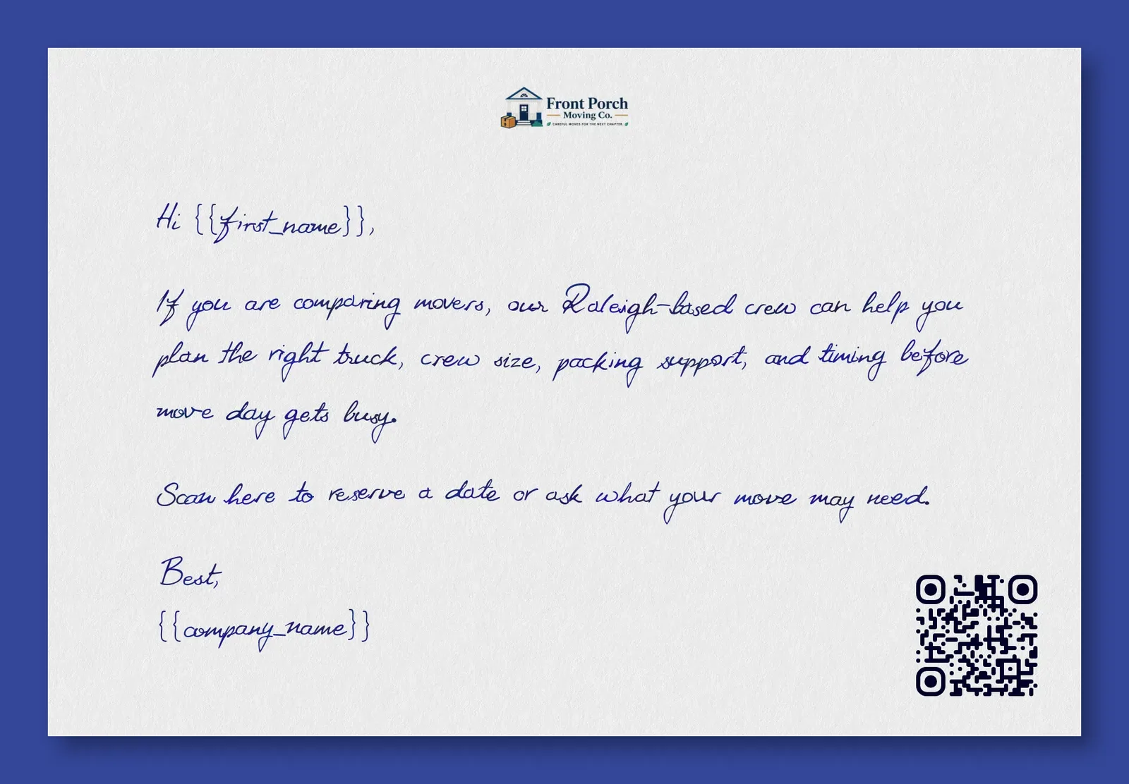 Moving company move-day crew confidence handwritten-style note mockup