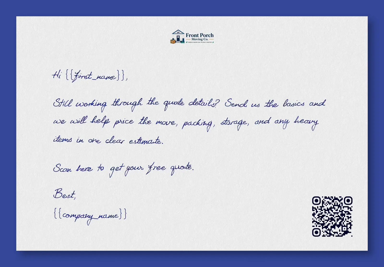 Moving company free quote and packing support handwritten-style note mockup