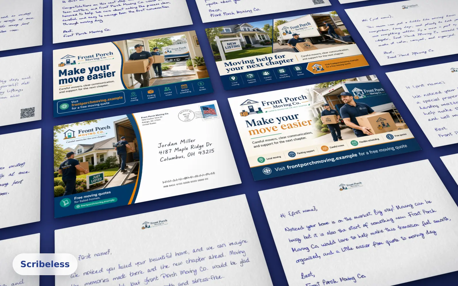 Moving company direct mail campaign mockups for listing leads, move-day crew confidence, quote follow-up, and address-side mail
